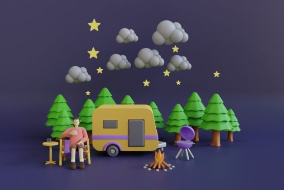 3D Yellow Motorhome in a Pine Forest